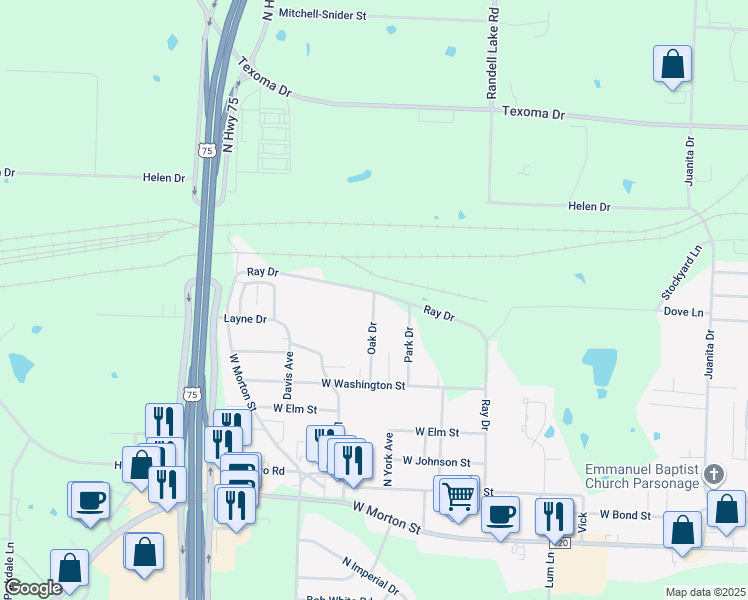 map of restaurants, bars, coffee shops, grocery stores, and more near 1230 Oak Drive in Denison