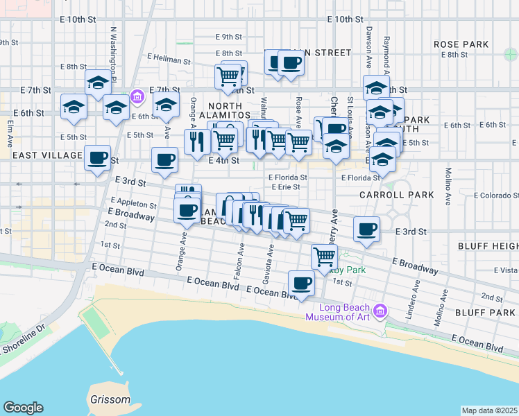 map of restaurants, bars, coffee shops, grocery stores, and more near 1530 East 3rd Street in Long Beach