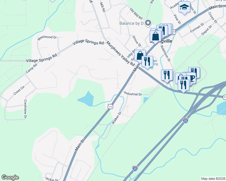 map of restaurants, bars, coffee shops, grocery stores, and more near 45 Woodland Hills Drive in Springville