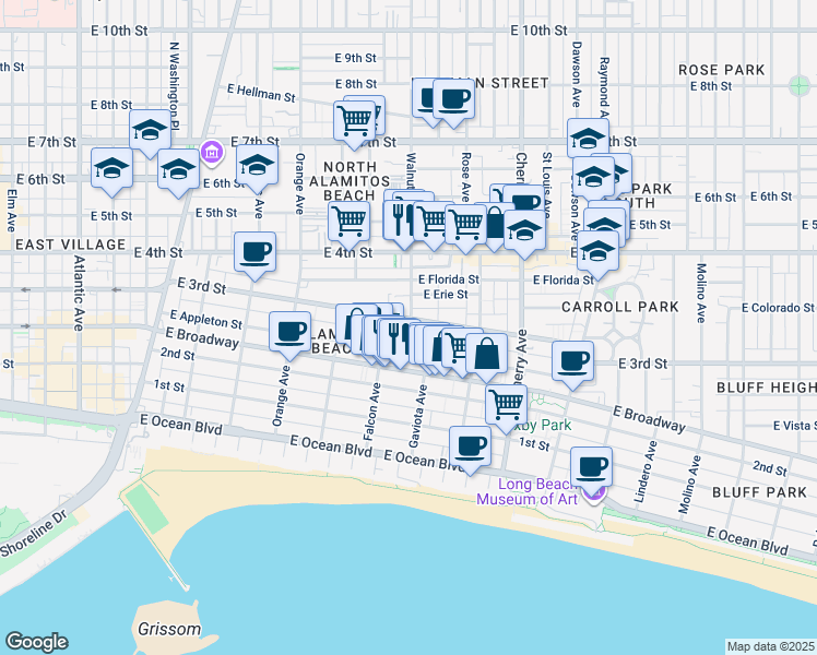map of restaurants, bars, coffee shops, grocery stores, and more near 1617 East 3rd Street in Long Beach