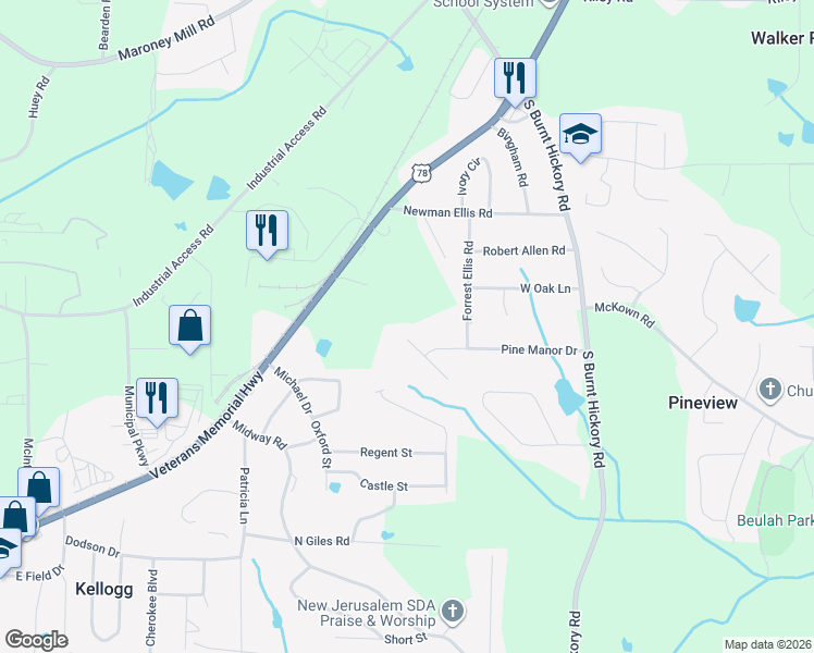map of restaurants, bars, coffee shops, grocery stores, and more near 1344 Scott Drive in Douglasville