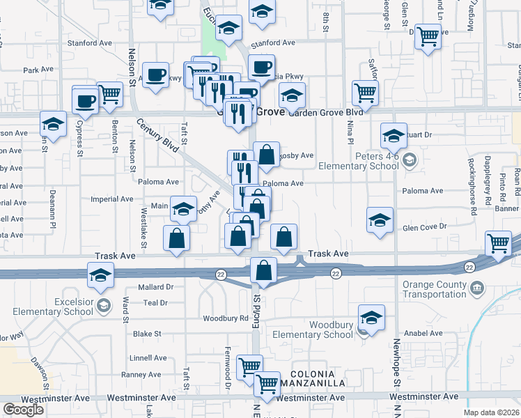map of restaurants, bars, coffee shops, grocery stores, and more near 13322 Euclid Street in Garden Grove