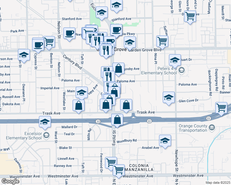 map of restaurants, bars, coffee shops, grocery stores, and more near 13322 Euclid Street in Garden Grove