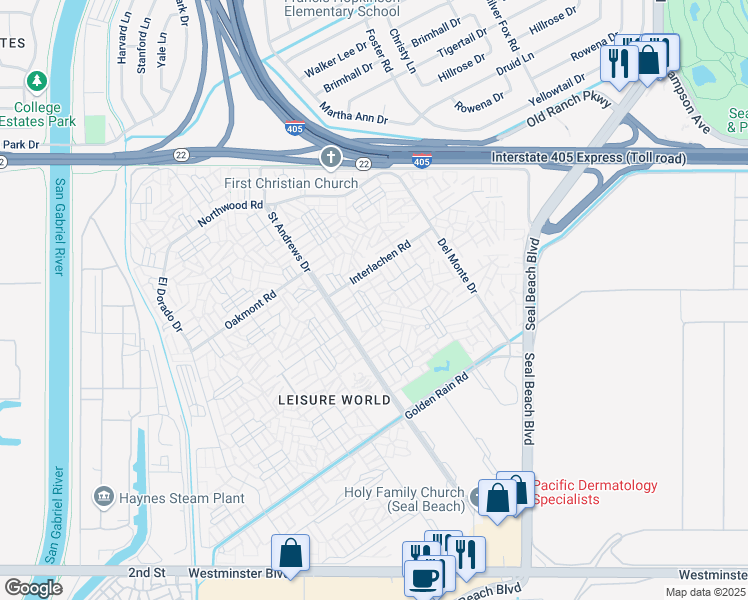 map of restaurants, bars, coffee shops, grocery stores, and more near 1650 Glenview Road in Seal Beach