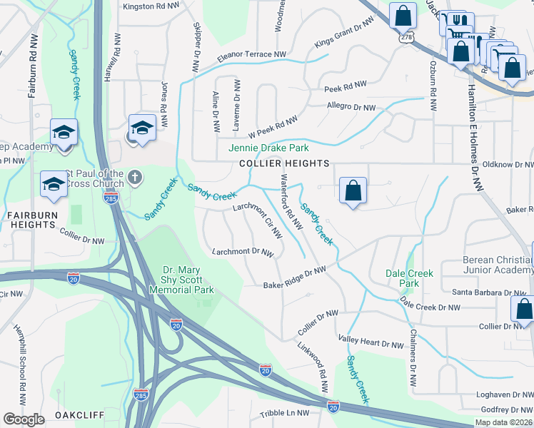 map of restaurants, bars, coffee shops, grocery stores, and more near 515 Larchmont Circle Northwest in Atlanta