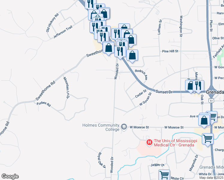 map of restaurants, bars, coffee shops, grocery stores, and more near 1509 Wooded Drive in Grenada