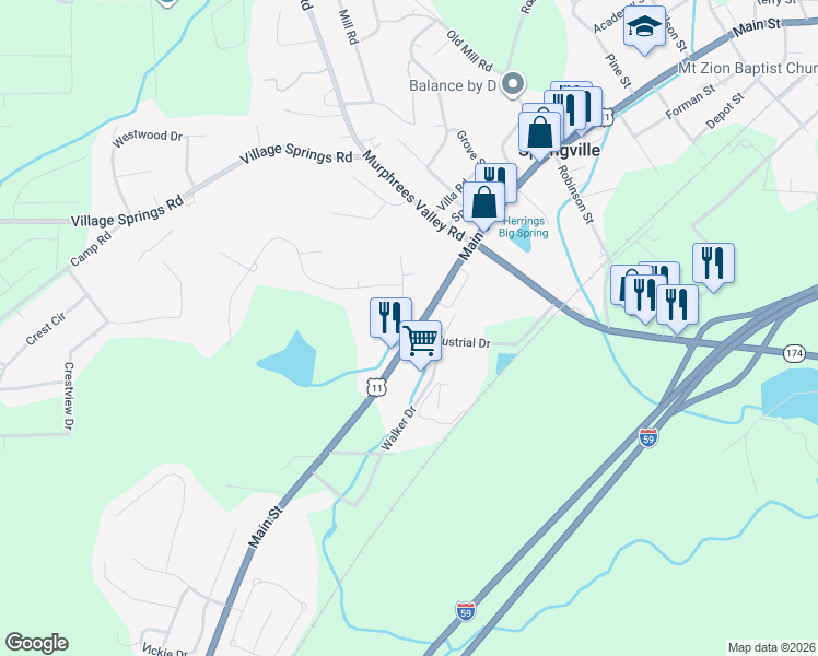 map of restaurants, bars, coffee shops, grocery stores, and more near 45 Woodland Hills Drive in Springville