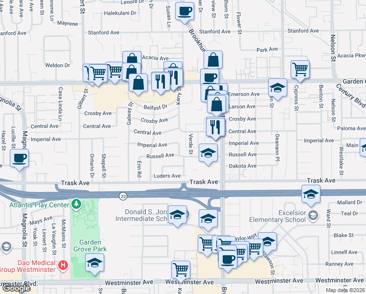 map of restaurants, bars, coffee shops, grocery stores, and more near 13312 Kerry Street in Garden Grove