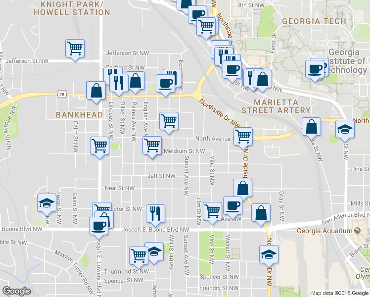 map of restaurants, bars, coffee shops, grocery stores, and more near 536 Sunset Avenue Northwest in Atlanta