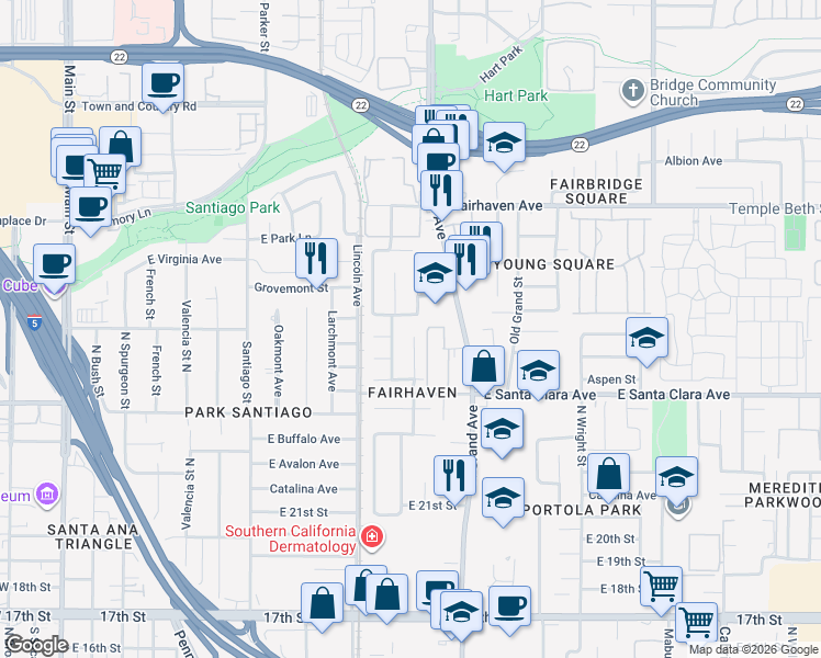 map of restaurants, bars, coffee shops, grocery stores, and more near 1218 East Joana Drive in Santa Ana