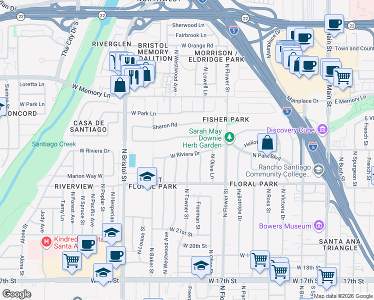 map of restaurants, bars, coffee shops, grocery stores, and more near 1101 West Riviera Drive in Santa Ana
