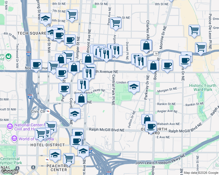 map of restaurants, bars, coffee shops, grocery stores, and more near 13 Finch Trail Northeast in Atlanta