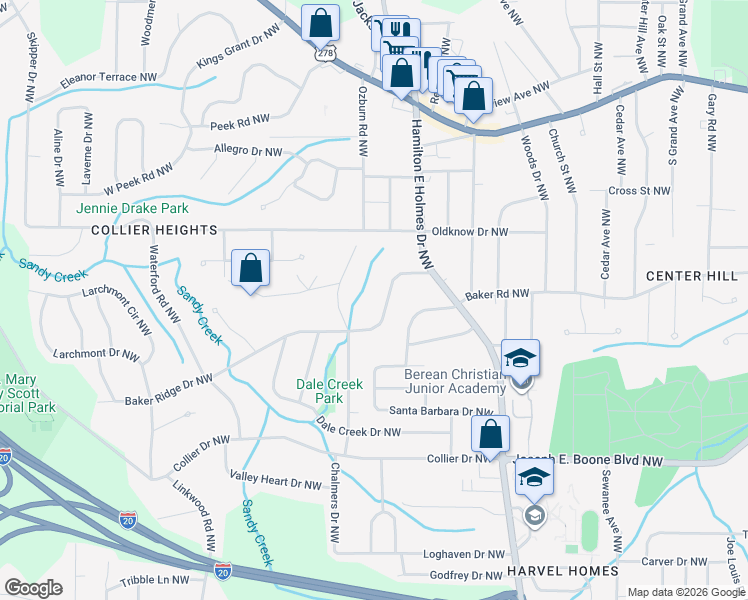 map of restaurants, bars, coffee shops, grocery stores, and more near 2641 Baker Ridge Drive Northwest in Atlanta