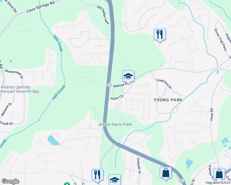 map of restaurants, bars, coffee shops, grocery stores, and more near 6592 Malone Road in Douglasville