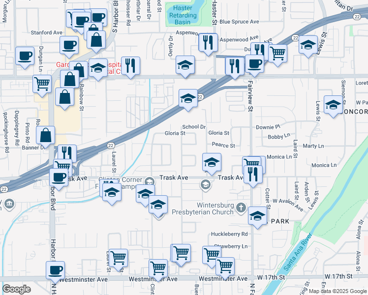 map of restaurants, bars, coffee shops, grocery stores, and more near 12652 Pearce Street in Garden Grove