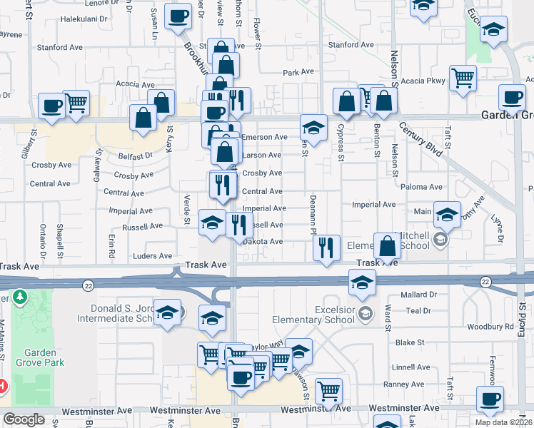 map of restaurants, bars, coffee shops, grocery stores, and more near 10132 Imperial Avenue in Garden Grove