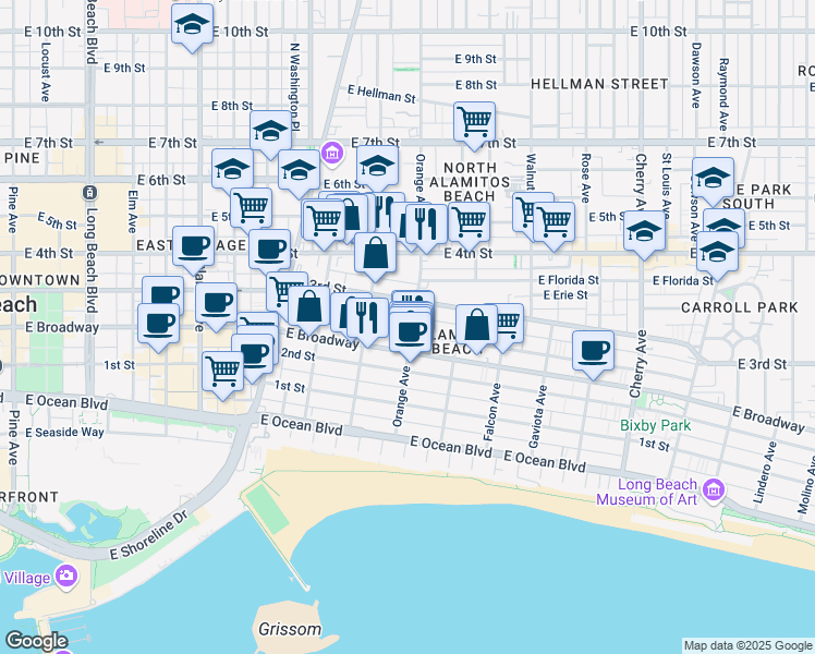map of restaurants, bars, coffee shops, grocery stores, and more near 1135 East Appleton Street in Long Beach