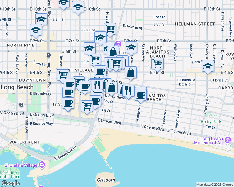 map of restaurants, bars, coffee shops, grocery stores, and more near 241 Bonito Avenue in Long Beach