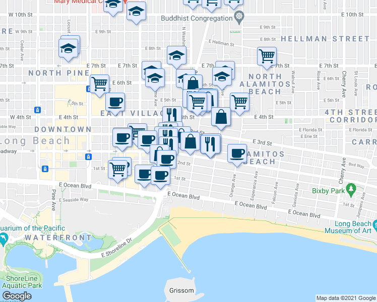 map of restaurants, bars, coffee shops, grocery stores, and more near 241 Bonito Avenue in Long Beach