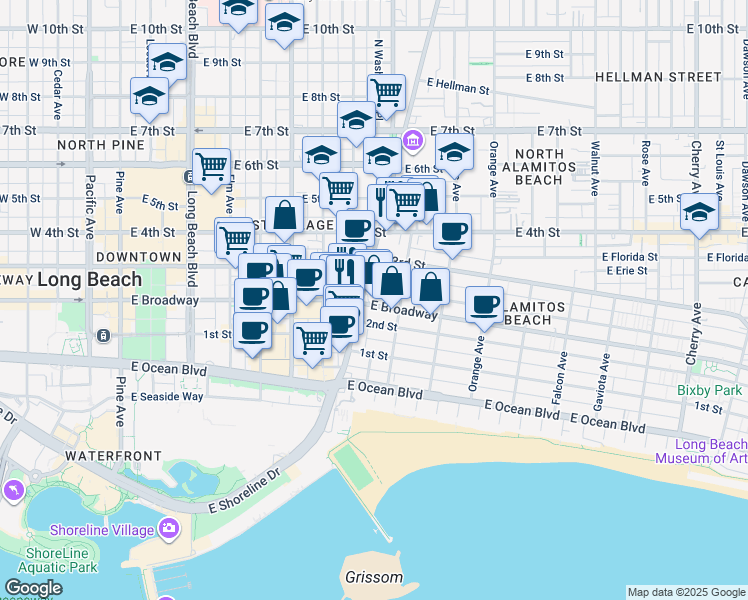 map of restaurants, bars, coffee shops, grocery stores, and more near 803 East Broadway in Long Beach