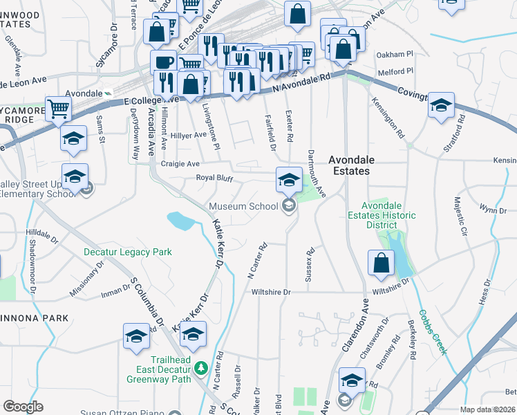 map of restaurants, bars, coffee shops, grocery stores, and more near 2872 Royal Path Court in Decatur