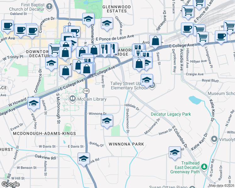 map of restaurants, bars, coffee shops, grocery stores, and more near 335 Winnona Drive in Decatur