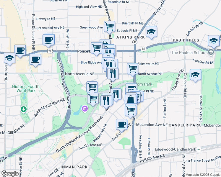 map of restaurants, bars, coffee shops, grocery stores, and more near in Atlanta