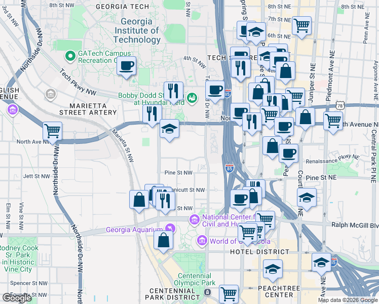 map of restaurants, bars, coffee shops, grocery stores, and more near 543 Centennial Lane in Atlanta