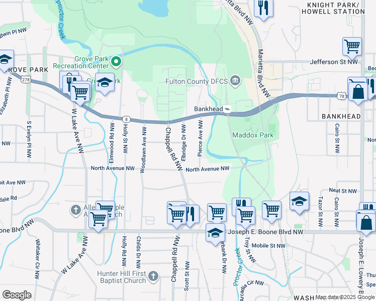 map of restaurants, bars, coffee shops, grocery stores, and more near 517 Elbridge Drive Northwest in Atlanta