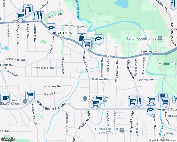 map of restaurants, bars, coffee shops, grocery stores, and more near 1621 Hasty Place Northwest in Atlanta