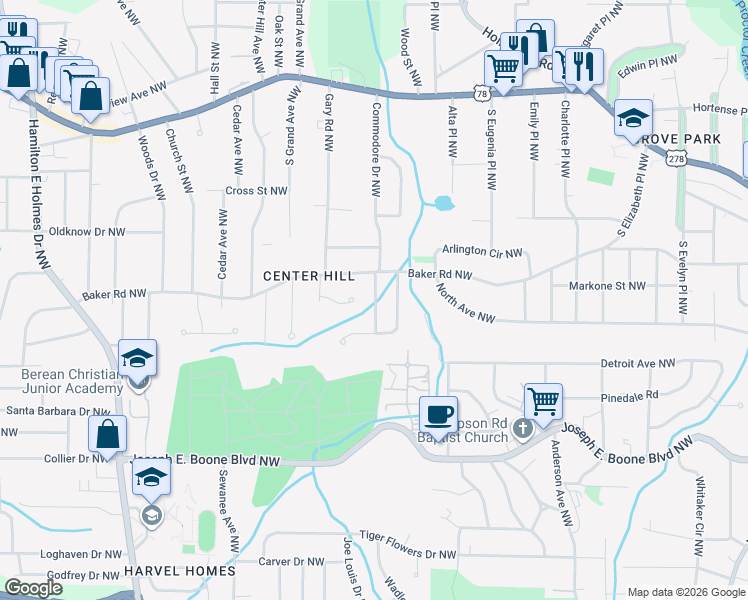 map of restaurants, bars, coffee shops, grocery stores, and more near 523 Aberdeen Drive Northwest in Atlanta