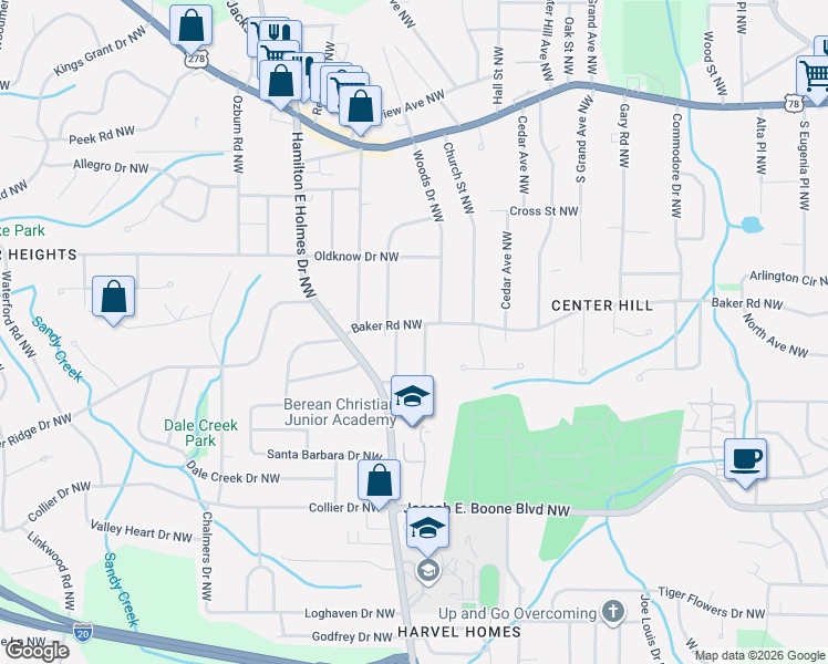 map of restaurants, bars, coffee shops, grocery stores, and more near 2535 Baker Road Northwest in Atlanta