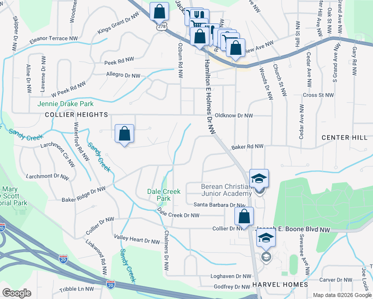 map of restaurants, bars, coffee shops, grocery stores, and more near 2641 Baker Ridge Drive Northwest in Atlanta