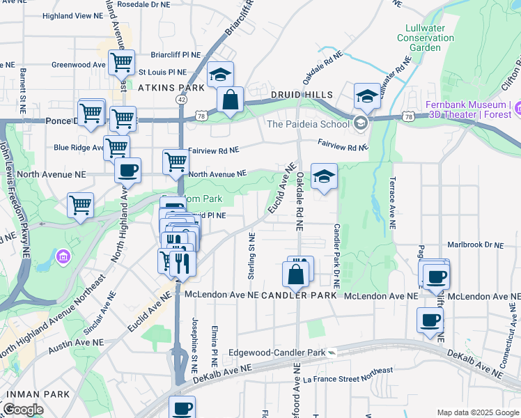 map of restaurants, bars, coffee shops, grocery stores, and more near 546 Goldsboro Road Northeast in Atlanta
