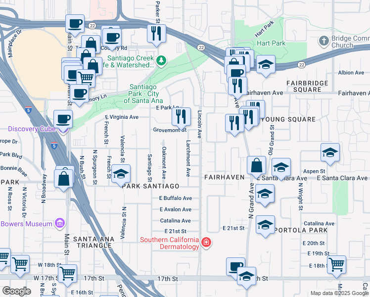 map of restaurants, bars, coffee shops, grocery stores, and more near 2432 Larchmont Avenue in Santa Ana
