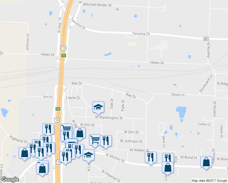 map of restaurants, bars, coffee shops, grocery stores, and more near 1230 Oak Drive in Denison