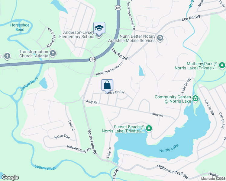 map of restaurants, bars, coffee shops, grocery stores, and more near 4408 Janice Drive Southwest in Snellville