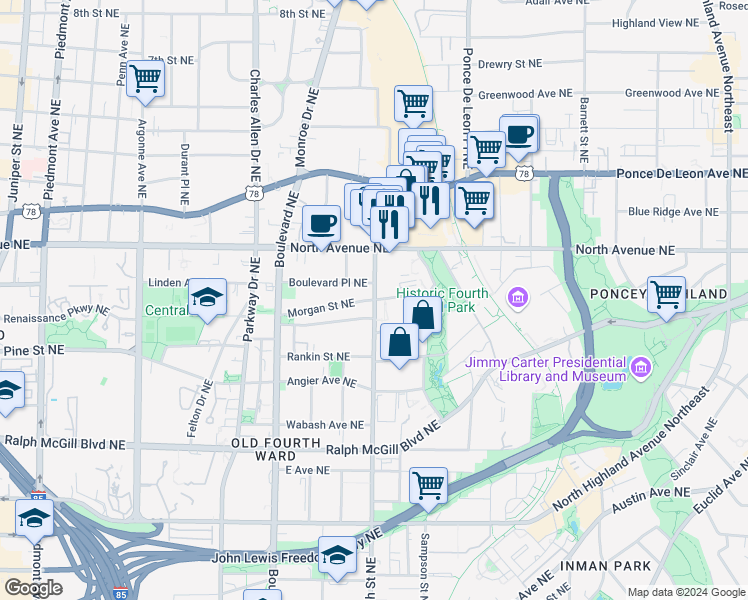 map of restaurants, bars, coffee shops, grocery stores, and more near Glen Iris Dr NE & Morgan St NE in Atlanta