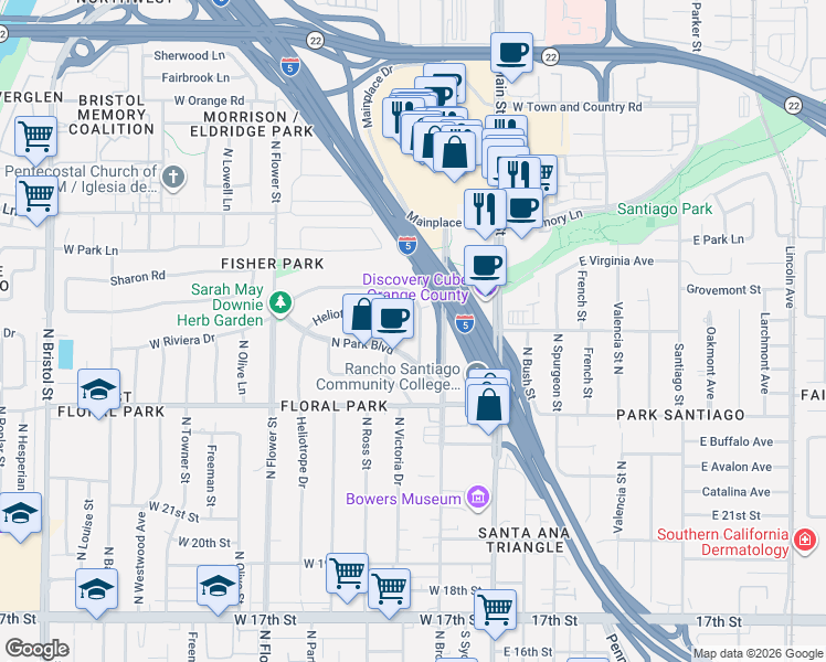 map of restaurants, bars, coffee shops, grocery stores, and more near 2324 North Riverside Drive in Santa Ana