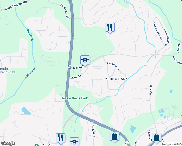 map of restaurants, bars, coffee shops, grocery stores, and more near 6480 Snowbird Lane in Douglasville