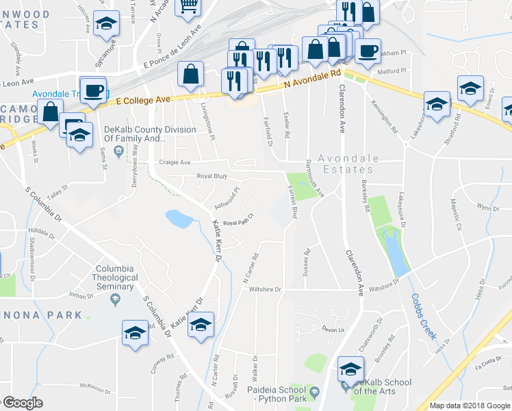 map of restaurants, bars, coffee shops, grocery stores, and more near 2872 Royal Path Court in Decatur