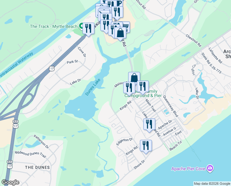 map of restaurants, bars, coffee shops, grocery stores, and more near Maison Drive in Myrtle Beach