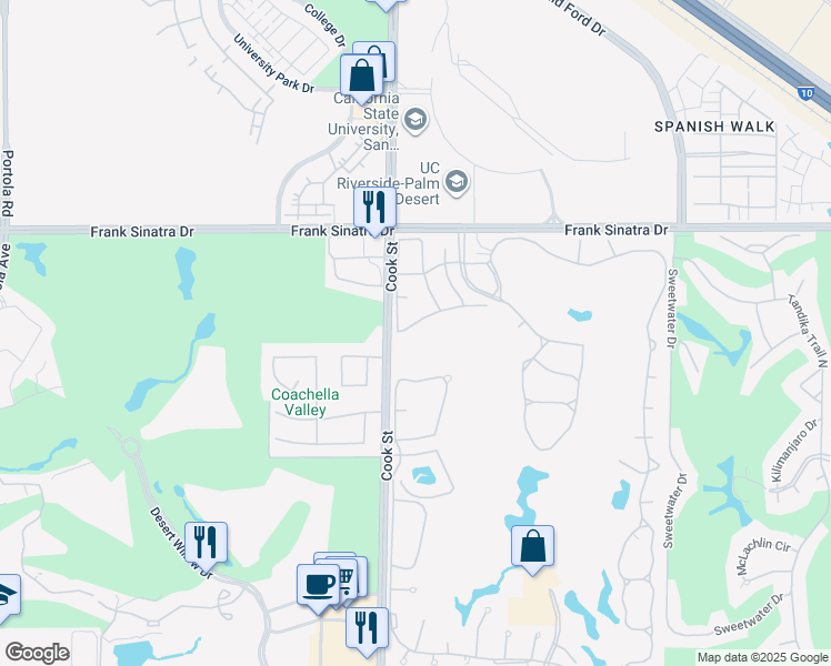 map of restaurants, bars, coffee shops, grocery stores, and more near 351 Augusta Drive in Palm Desert