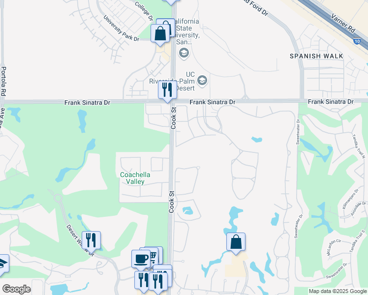 map of restaurants, bars, coffee shops, grocery stores, and more near 351 Augusta Drive in Palm Desert