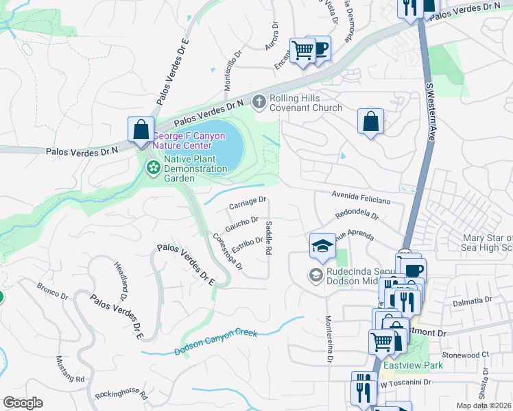 map of restaurants, bars, coffee shops, grocery stores, and more near 2224 Carriage Drive in Rolling Hills Estates