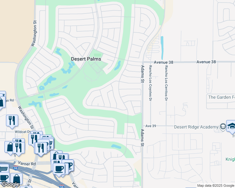 map of restaurants, bars, coffee shops, grocery stores, and more near 38521 Brandywine Avenue in Palm Desert