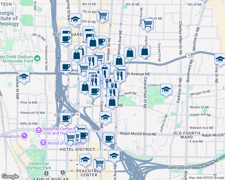 map of restaurants, bars, coffee shops, grocery stores, and more near 530 Piedmont Avenue Northeast in Atlanta
