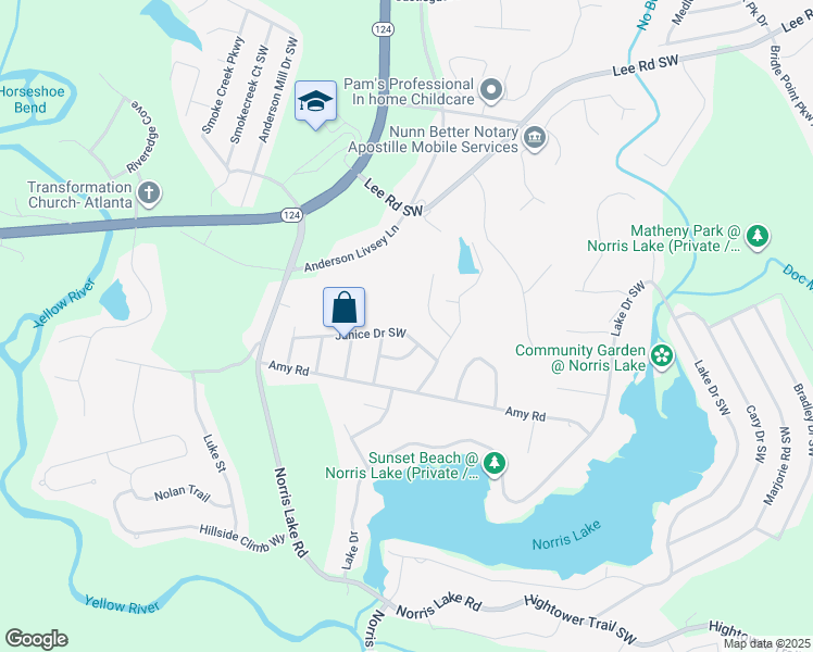 map of restaurants, bars, coffee shops, grocery stores, and more near 4448 Janice Drive Southwest in Snellville