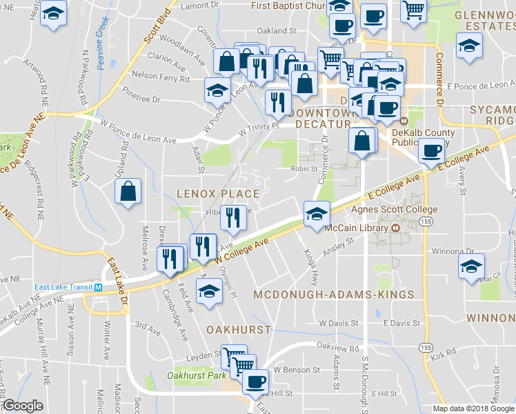 map of restaurants, bars, coffee shops, grocery stores, and more near 101 Hibernia Avenue in Decatur