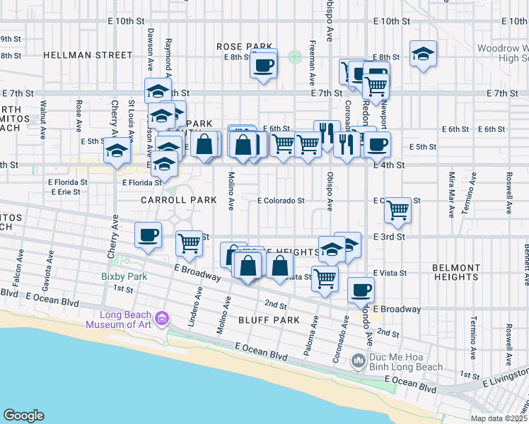 map of restaurants, bars, coffee shops, grocery stores, and more near 337 Gladys Avenue in Long Beach